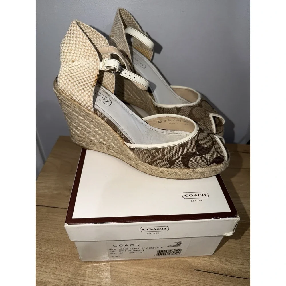 Coach Kimmy Wedge Sandals Khaki Gold Signature Size 8 Espadrille Straw Heels